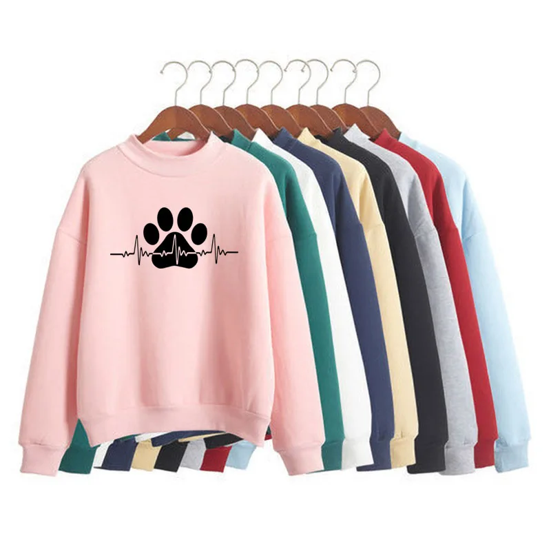 

Dog cat Paw Heartbeat Print Woman Sweatshirt Sweet Korean O-neck Knitted Pullover Autumn Winter Candy Color Women Clothes