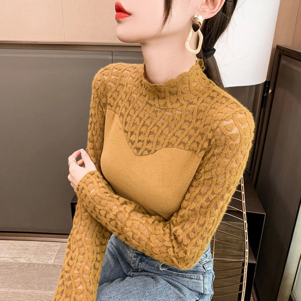 

Half High Neck Hollow Out Solid Lace Knit Pullovers Female Long Sleeve Slim Office Ladies Knitted Tops Bottoming Sweater Women