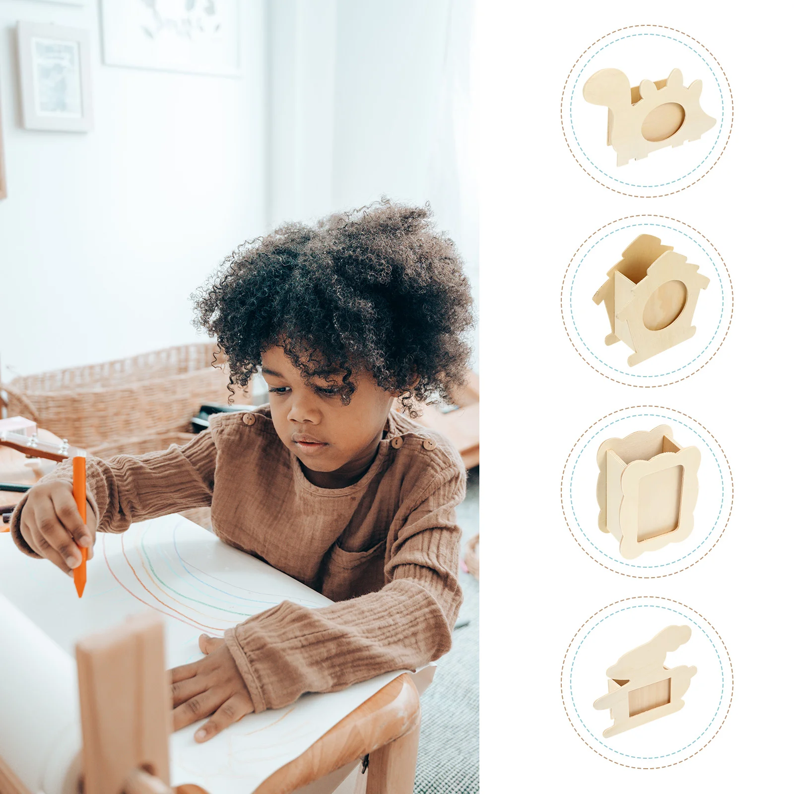 4 Pcs Nice Holder Photo Frame DIY Wooden Blank Coloring Pen Container Picture Child