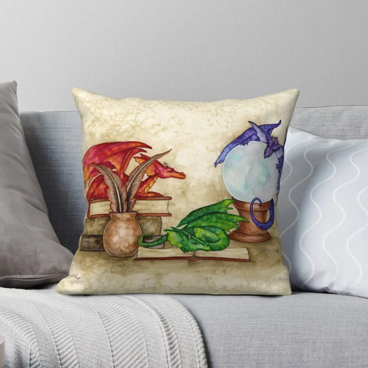 

The Dragon In The Library Square Pillowcase Polyester Linen Velvet Printed Zip Decor Pillow Case Bed Cushion Case 45x45