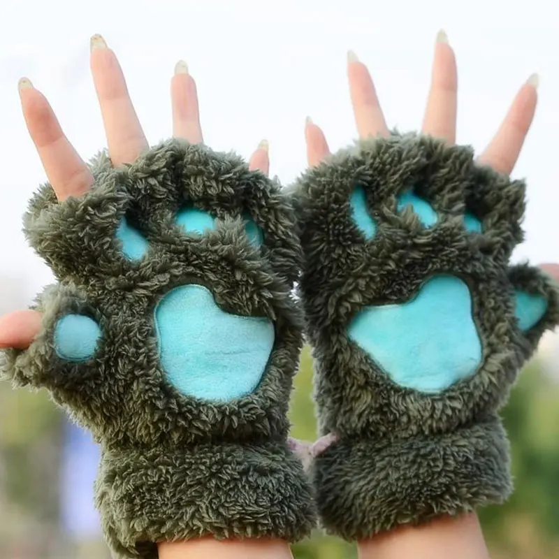 

Christmas Halloween Faux Fur Gloves Plush Bear Cat Paw Claw Gloves For Women Cycling Women Mittens Windproof Half-finger Gloves