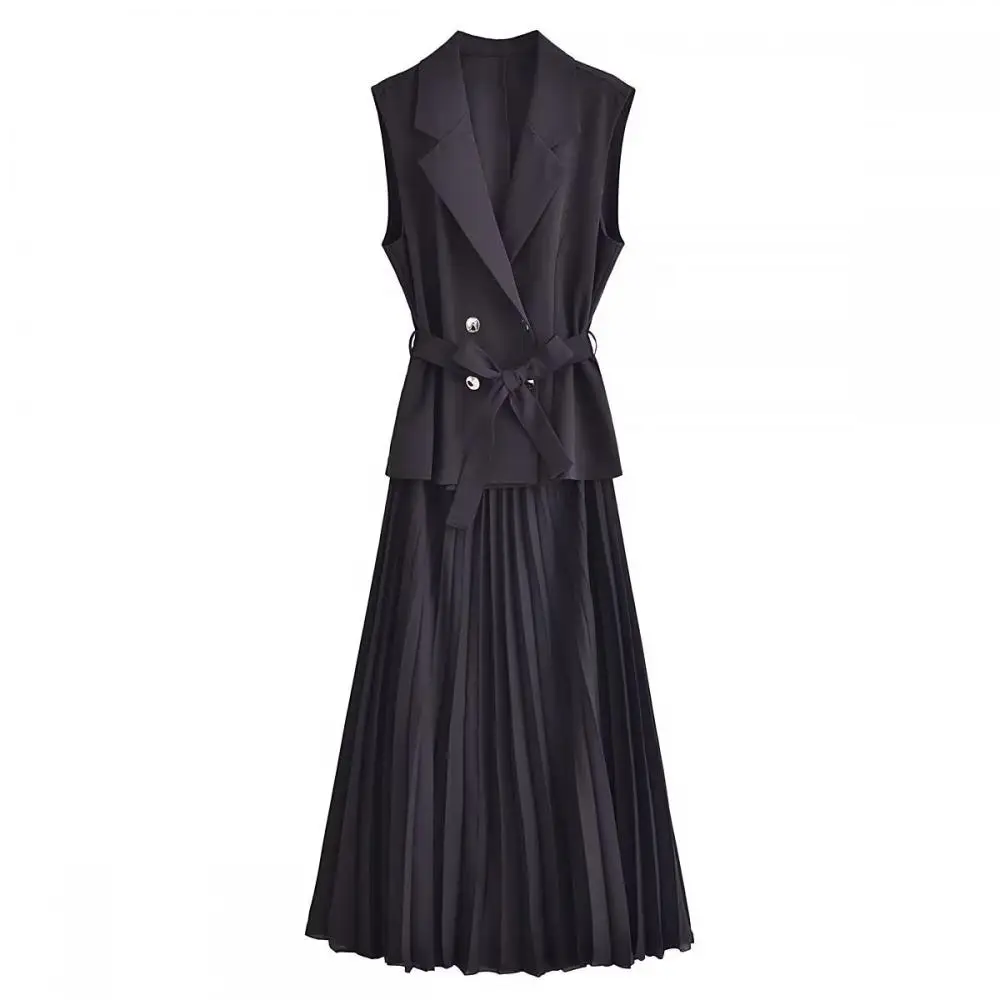 

Платье женское длинное Плиссированное на пуговицах, модная вечерняя одежда без рукавов, с воротником-стойкой, черное, на лето
