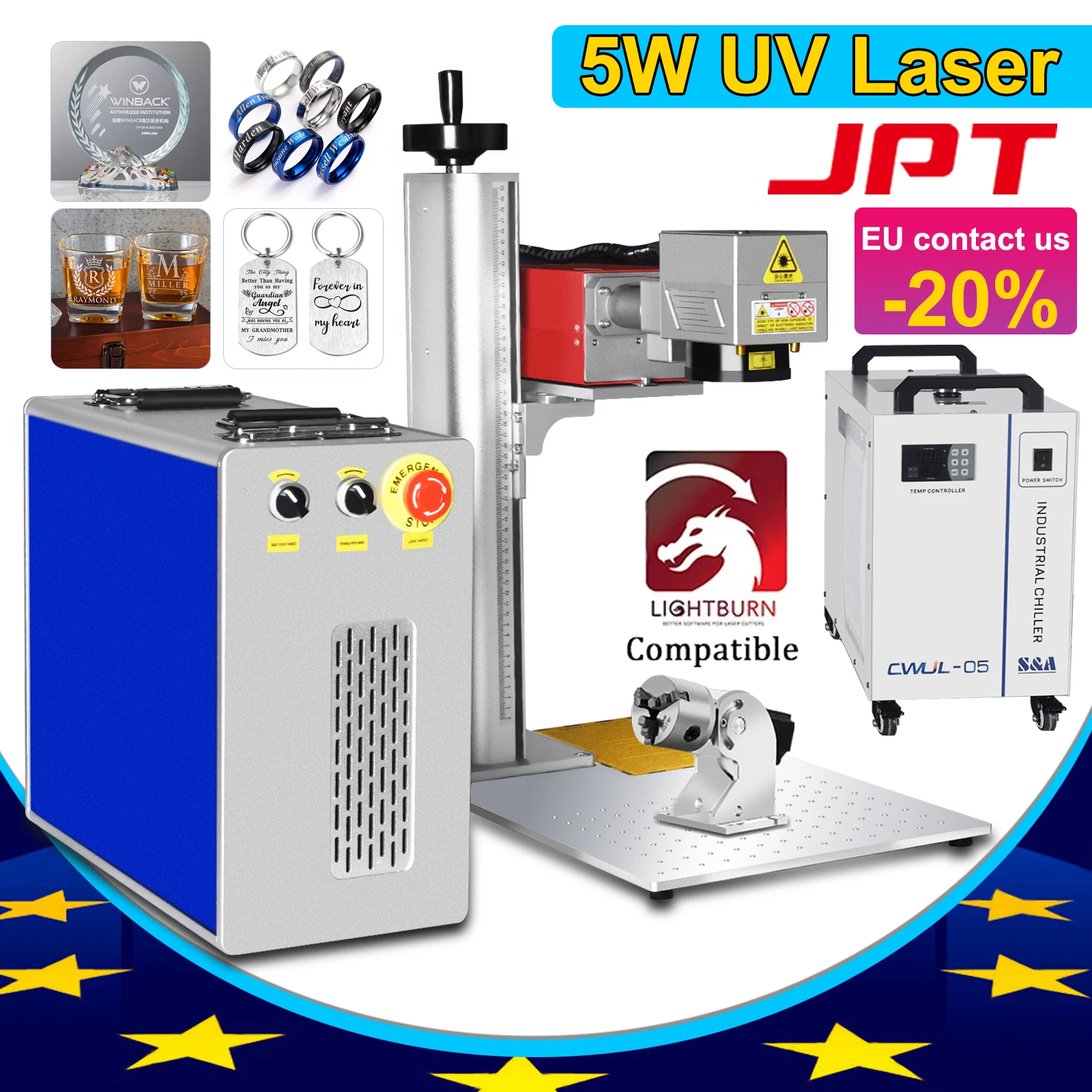 JPT UV-Laserbeschriftungsmaschine 355 nm 5 W UV-Lasergravierer JPT UV-Laser für Glas/Holz/Acryl/Leder wassergekühlt