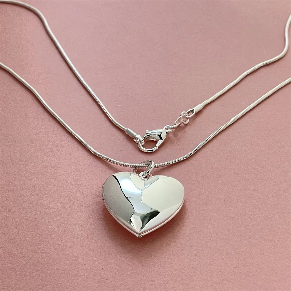 925 Silver Necklace Smooth Heart-Shaped Photo Frame Pendant, Suitable For Women's Daily Wear