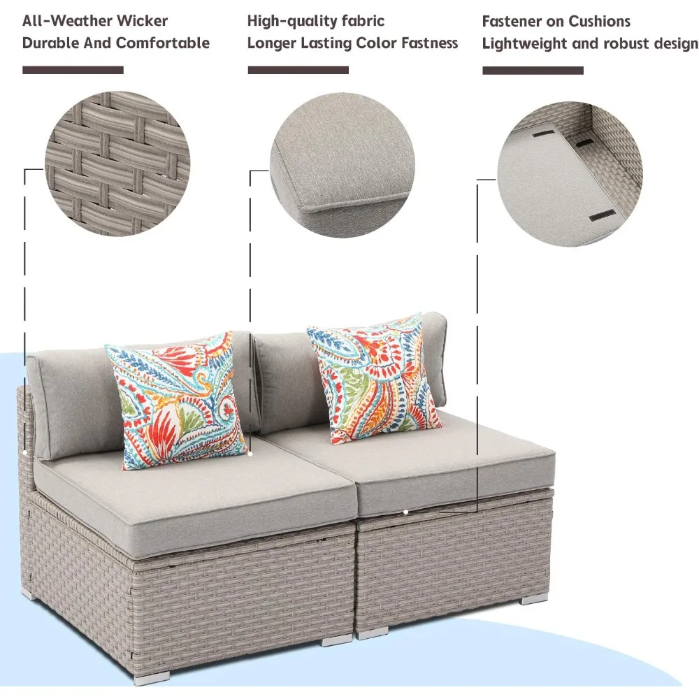 Outdoor Sectional 2-Piece Wicker Sofa in Pearl Gray, w 2 Stripe Pillows, Gray Cushions Elegant Patio Furniture Add-on Armless C 5