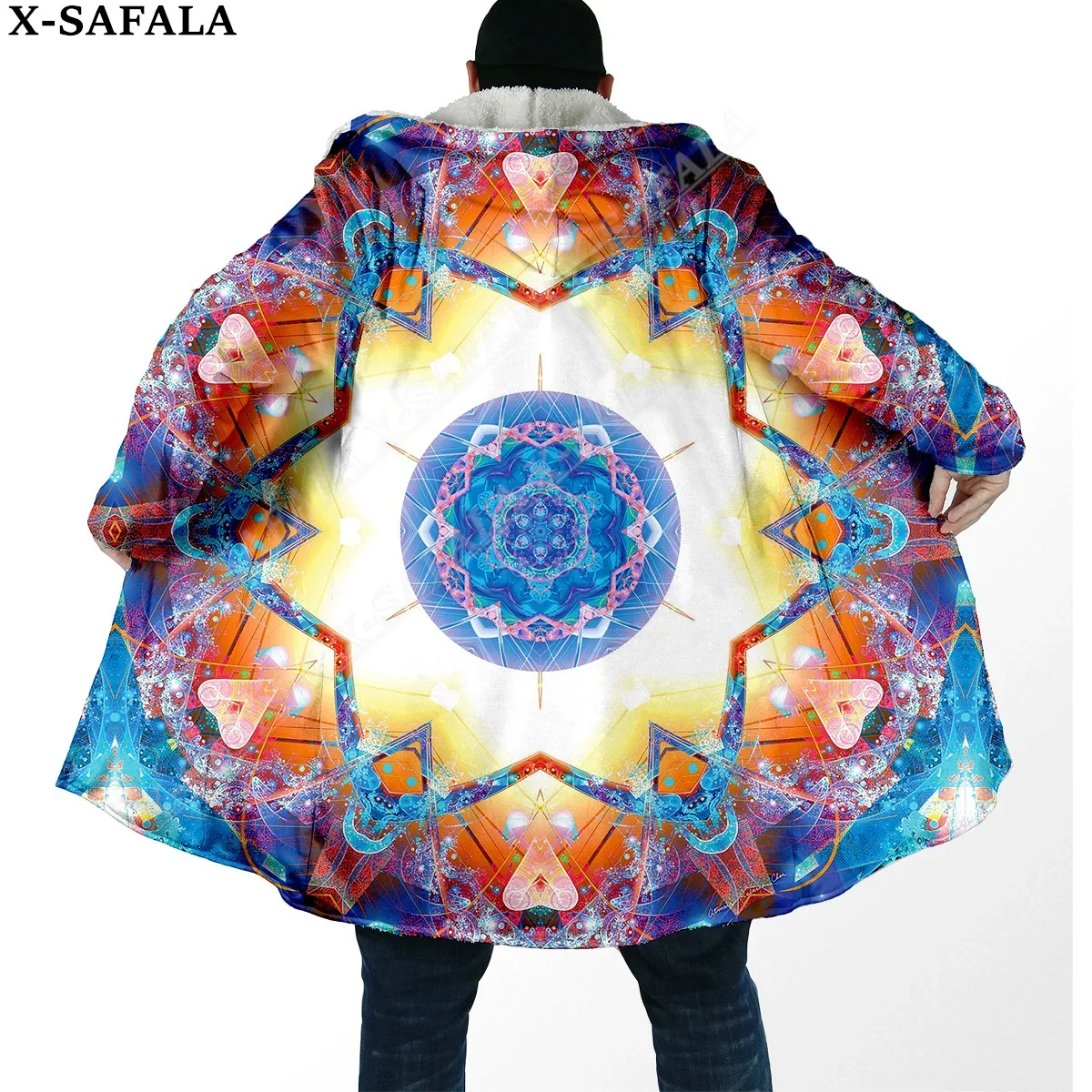 

Mandala Psychedelic Trippy 3D Print Dream Cloak Thick Warm Hooded Men Overcoat Coat Windproof Fleece Cape Robe Blanket-10