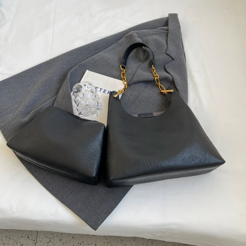 Schwarze 2-teilige Tragetasche für Damen, hohe Kapazität, Verbundtasche, Vintage-Pu-Lederhandtasche, Kaffee-Pendler-Unterarm-Umhängetasche, Khaki – Detail 4