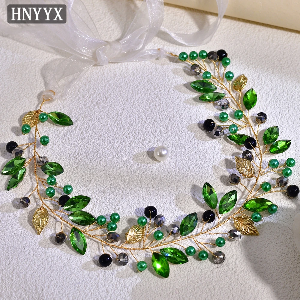 HNYYX Green Bling Rhinestone Belt Daily Fashion Crystal Party Prom Dress Belt Alloy Leaf Bridal Wedding Gown Sash SA233