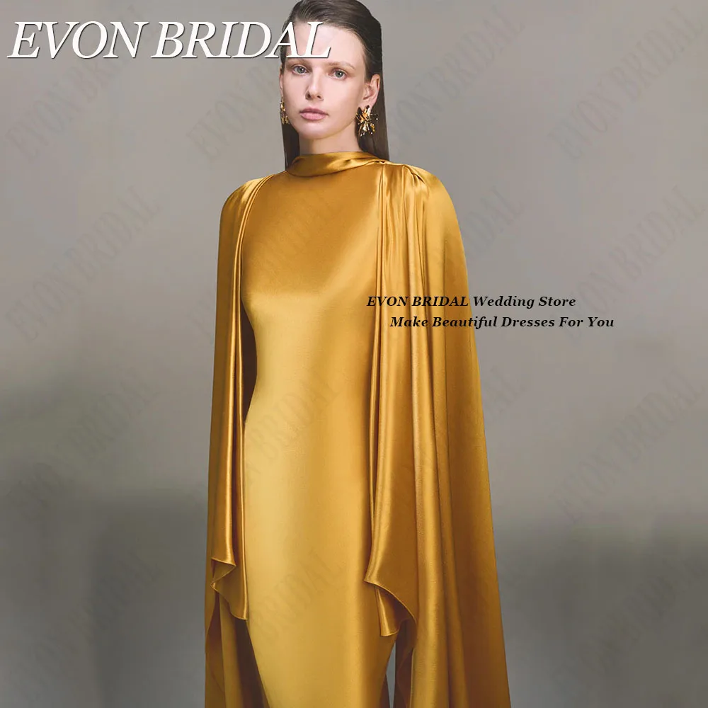 EVON BRIDAL Mermaid Satin Elegant Celebrity Red Carpet Dresses With Cape Saudi Arabia Evening Party Gowns Scoop Floor Length