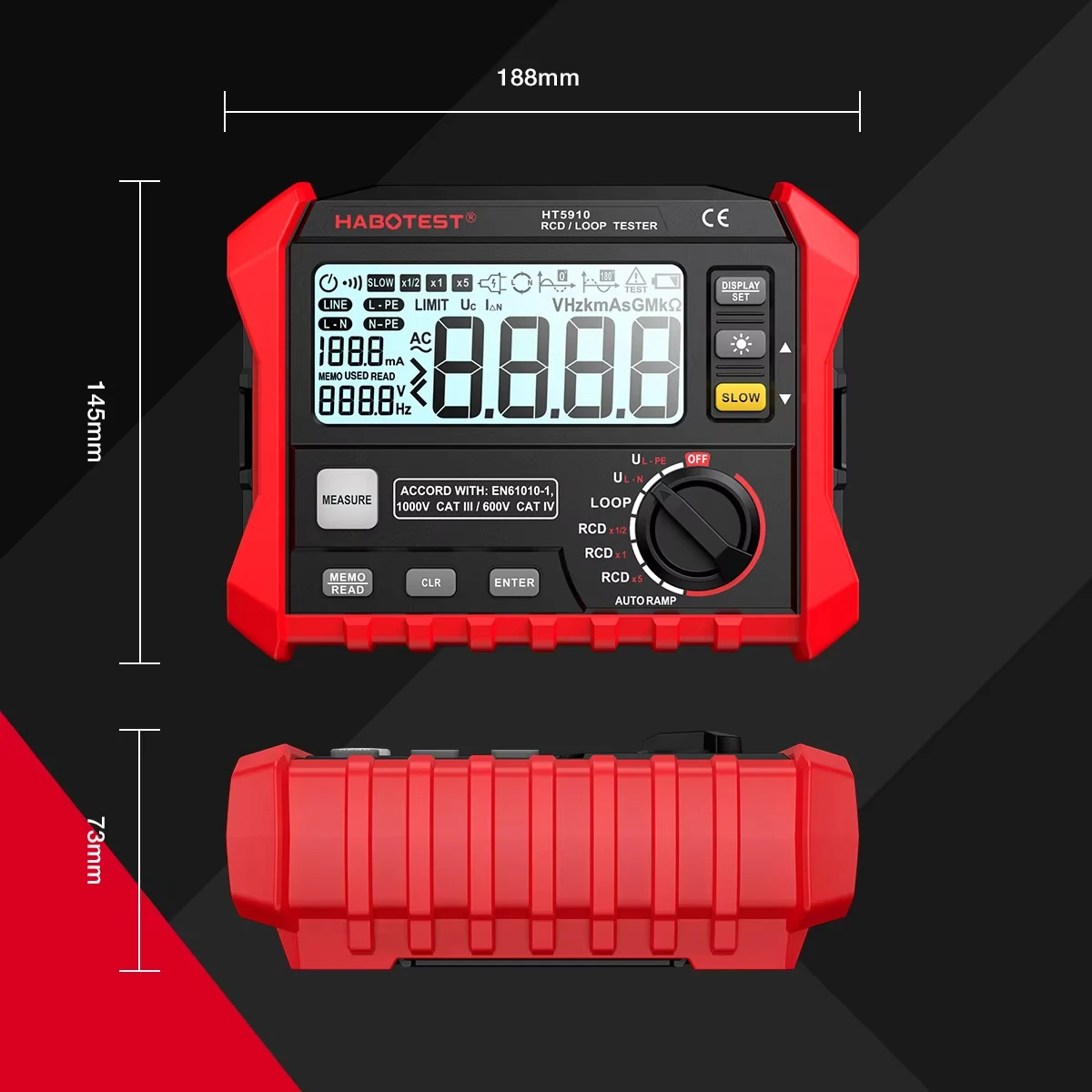 HT5910 Resistance Meter Leakage Switch Tester 4.7inch LCD Digital RCD/Loop Tester 1000 Data Storage Voltmeter Electrician