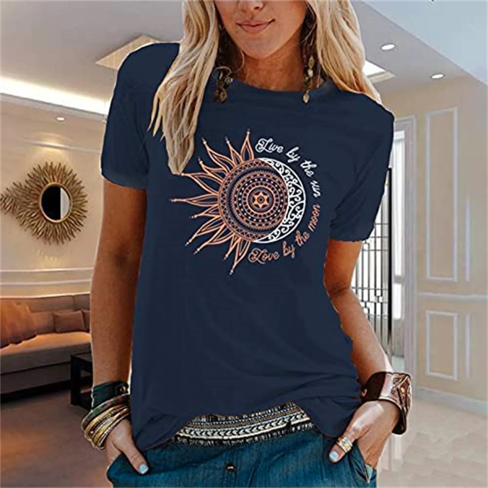 

New Arrival Women's Sun Moon Printed T-Shirt Short Sleeve O Neck Fun Aesthetic Graphics Tees For Lady Teen Girls Streetwear