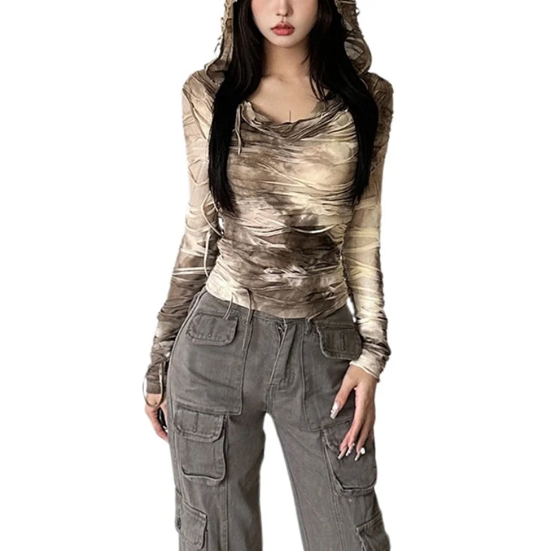 Wasteland Tops Mujer Y2K Ropa Tie Dye Estampado Rasgado Camiseta de Manga Larga con Capucha Ropa Cybercore de los 2000 Ropa Urbana