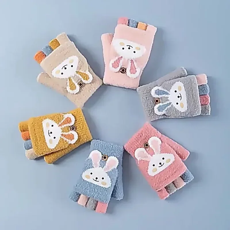 Children Five Finger Gloves Winter Warm Cute Cartoon Rabbit Half Finger Mittens for Kids Knitted Cotton Mitten Thermal Gloves