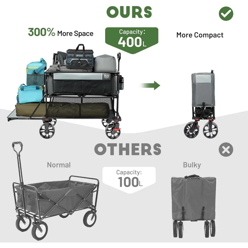 400L Large Capacity Folding Double Decker Wagon with Brakes,54" Extra Long Extender Wagon Cart450lbs Heavy Duty Collapsible Cart
