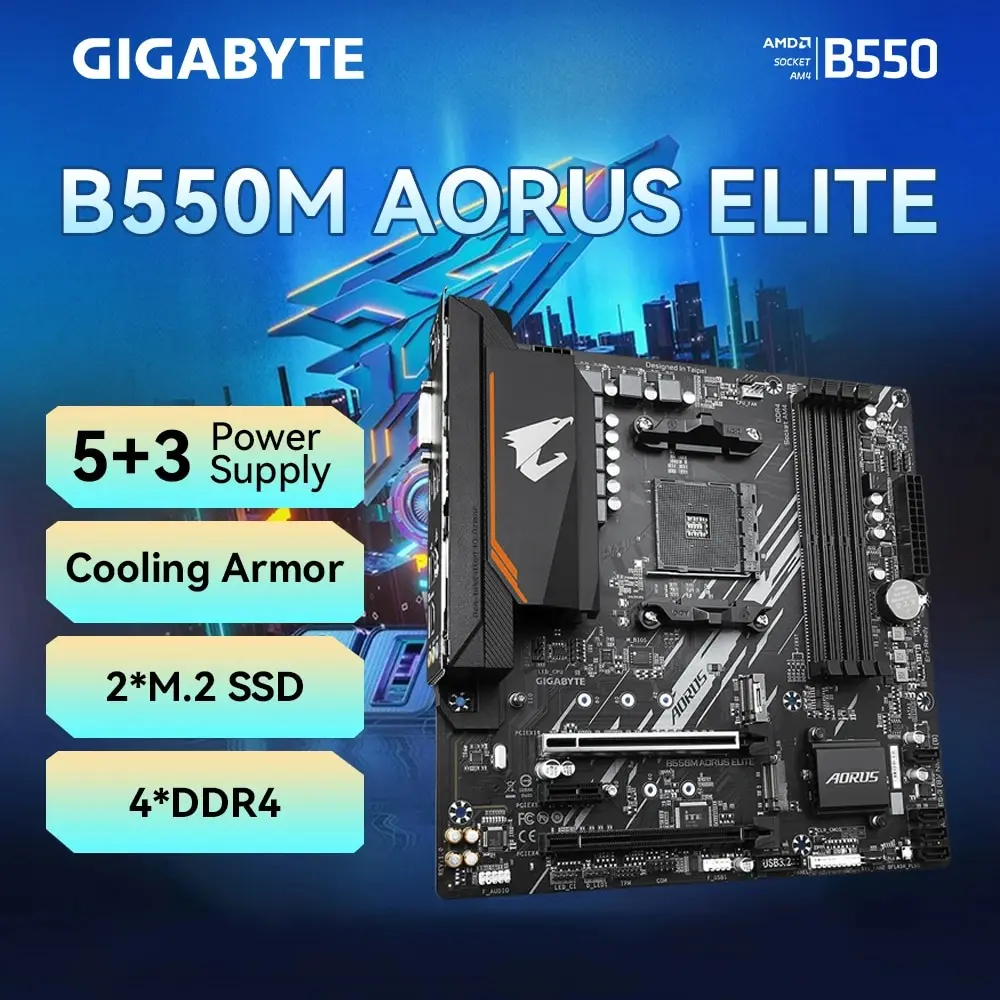 GIGABYTE B550M AORUS ELITE Placa base AMD AM4 para Ryzen Serie 3/4/5 CPU 4 * DDR4, PCI-E 4,0 X16 ,4XSATA3.0 ,2xM.2, HDMI/DVI