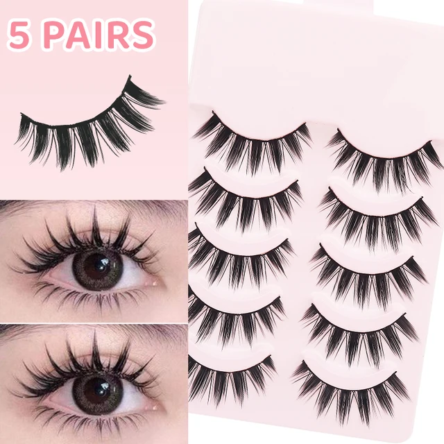 DINGSEN 5 Pairs Manga Lashes Eyes Lashes Soft Natural Long Eyelashes Fake Lashes Anime Wispy Strip False Eyelashes Makeup 2
