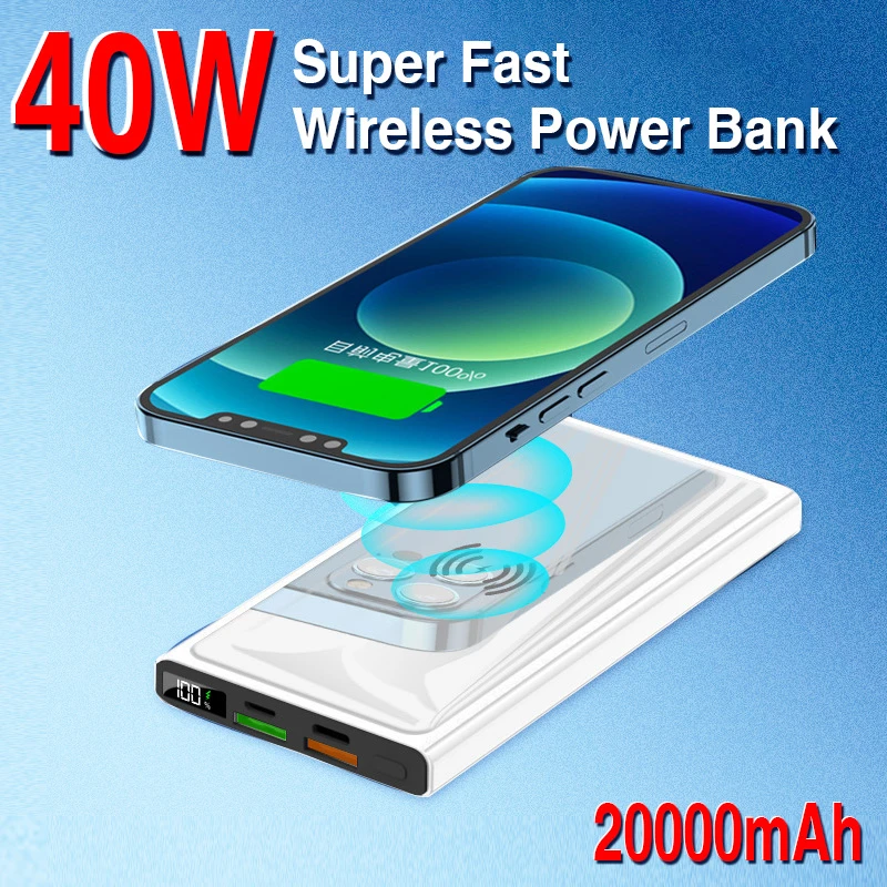 40W Super Fast Charging Power Bank 20000mAh Wireless Digital Display Built in Cables Powerbank with Flashlight for Xiaomi iphone best power bank