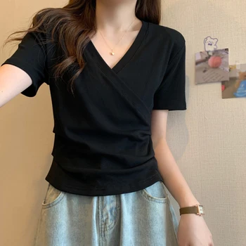 Elegant Cross V neck Slim T-shirt For Women Fashion Solid Slim Short Sleeve Tops Girly Summer Casual Versatile Pullover 5