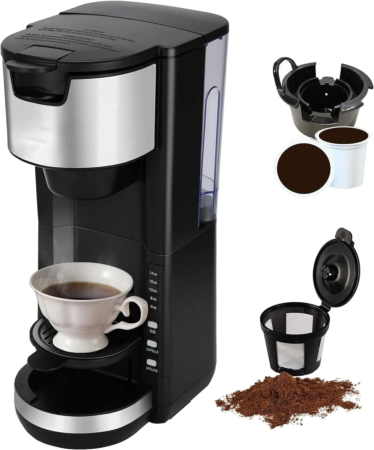 

in 1 Single Serve Coffee Maker , One Cup Coffee Maker for Capsule Pod Ground Coffee , 30oz Removable Reservoir One-Touch Button,