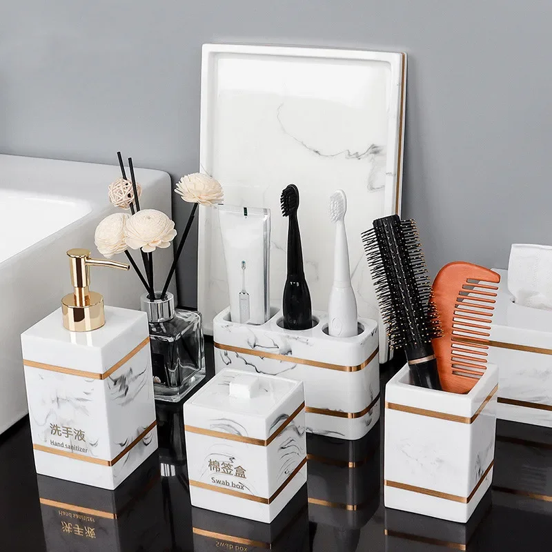 Bathroom Accessories Set Nordic Natural Resin Lotion Bottle Mouth Cup Soap Dish Toothbrush Holder Tissue Box Cotton Swab Box Tray Washing Tools Set
