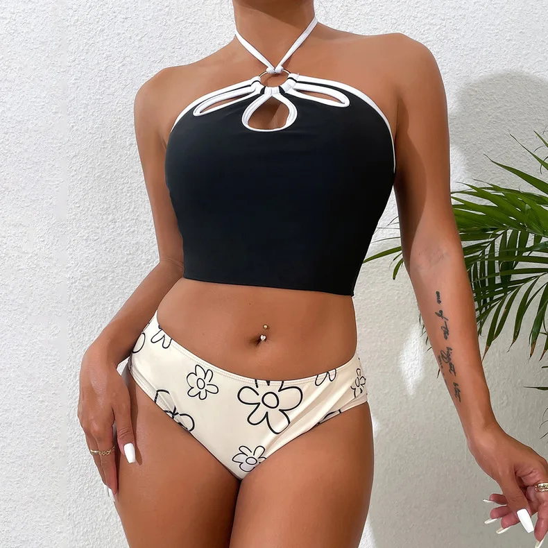 SKMY 3 Pieces Set Outfits Women 2023 Fashion Flower Printed Skirt Hollow Out Halter Neck Crop Tops And Panties Summer Beach Wear