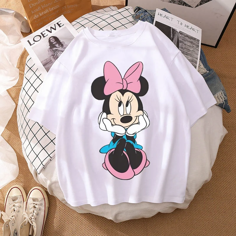 Woman Summer New 2022 Hot Cartoon Disney Mickey And Friends Minnie Mouse Leopard Bow Portrait T-Shirt Short Sleeve Teen Tops chrome hearts t shirt