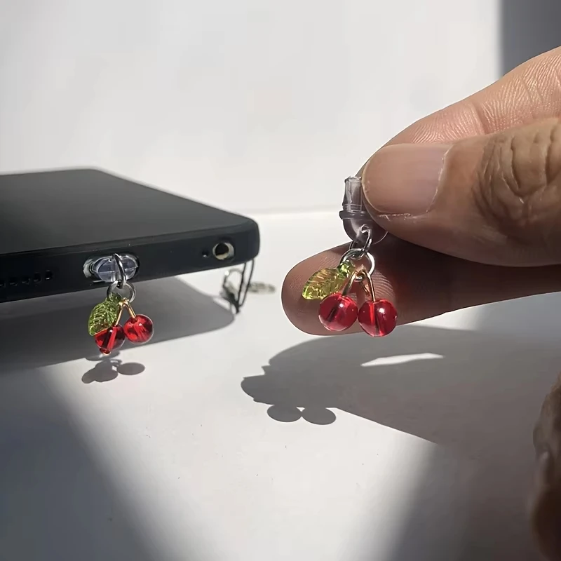 Cherry Phone Charm - Transparent Dust Plug with Lanyard, Cute Girly Pendant for Earphone Hole Decoration