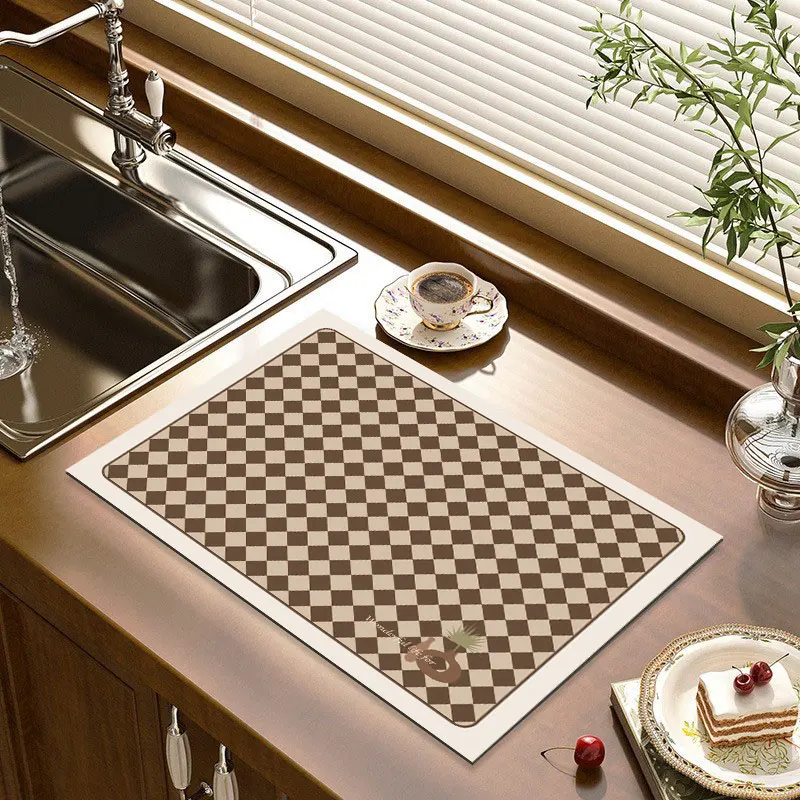 Washing Machine Cover Absorbent Washing Machine Dust Mats Retro Checkerboard Pattern Kitchen Sink Pads Dustproof Draining Mat Waterproof Cover Cloth
