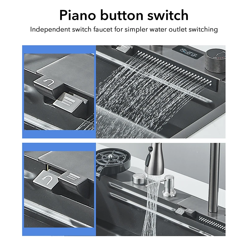 Shinesia 304 Stainless Steel Kitchen Sink Digital Display Large Single Sink Dish Basin Sink With Multifunction Waterfall Faucet 4