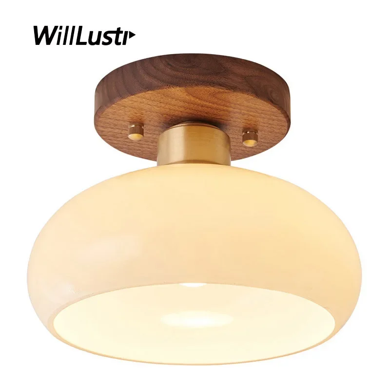 

Bauhaus Style Milky White Glass Ceiling Lamp Creative Walnut Wood Base Light Hotel Cafe Bar Aisle Store Mall Porch LED Lighting