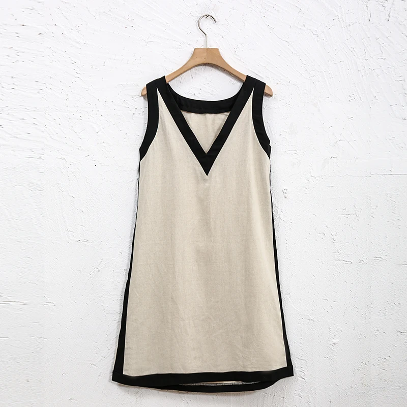 Chic Patchwork Sleeveless Linen Dress Women's 2026 Summer New Casual Loose Holiday Backless Mini Dresses Vestidos