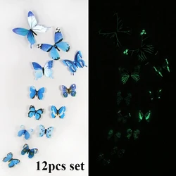 12pcs Glow - in - the - Dark 3D Butterfly Wall Decals - UV Luminous Stickers (Blue)