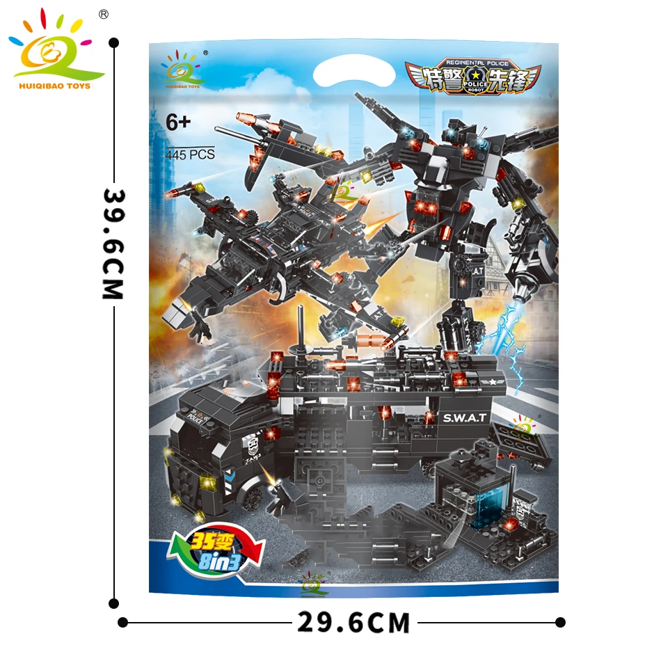 HUIQIBAO 454-585PCS 8in1 SWAT Police Command Truck Building Blocks City Helicopter Bricks Kit Educational Toys for Children 6