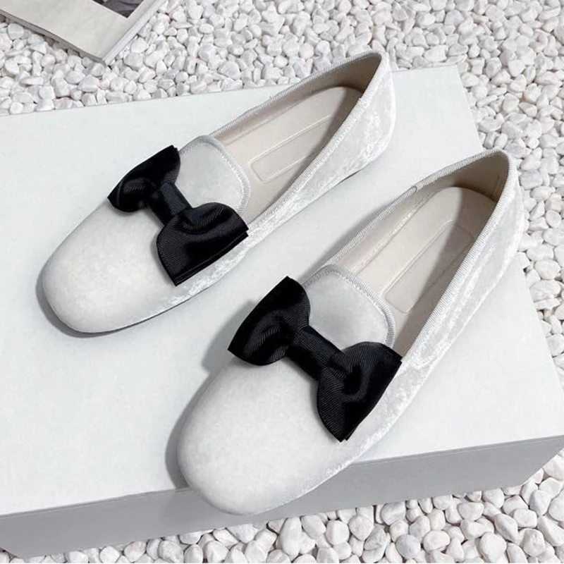 

Female Loafers 2024 Spring New Velvet Material Butterfly-knot Decor Leisure Shoes Top-Level Round Head Ladies Flat Shoe