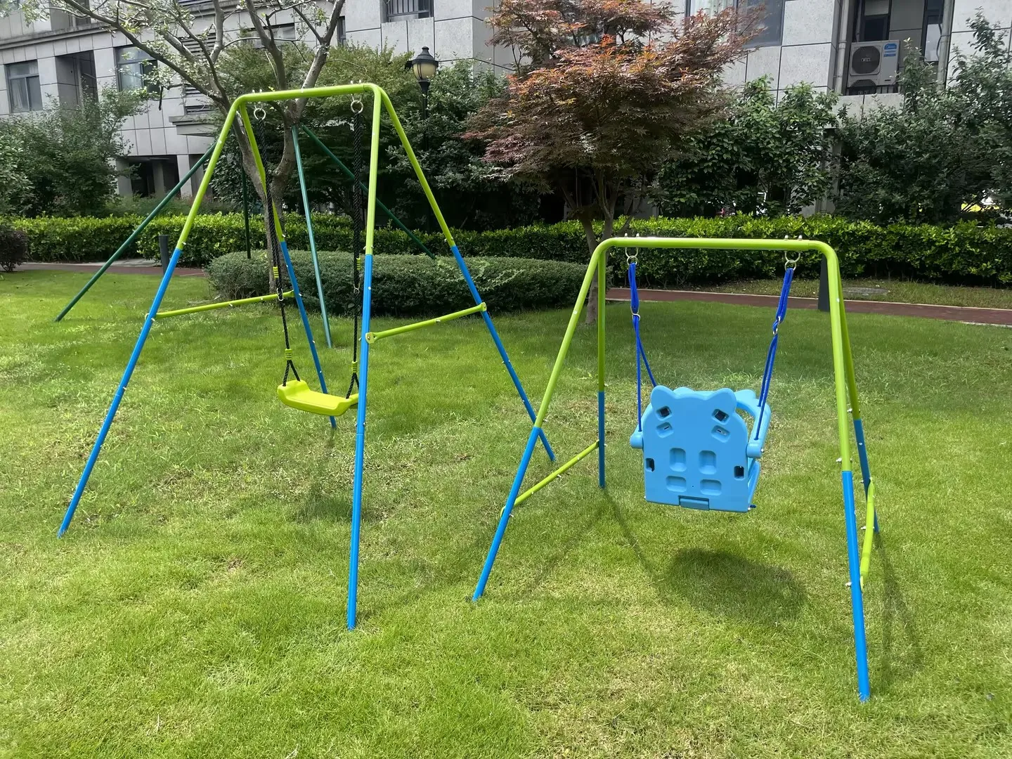 green and blue interesting 2 in 1 baby swing mental plastic safe swing set 110lbs for outdoor playground for age 3+ 2