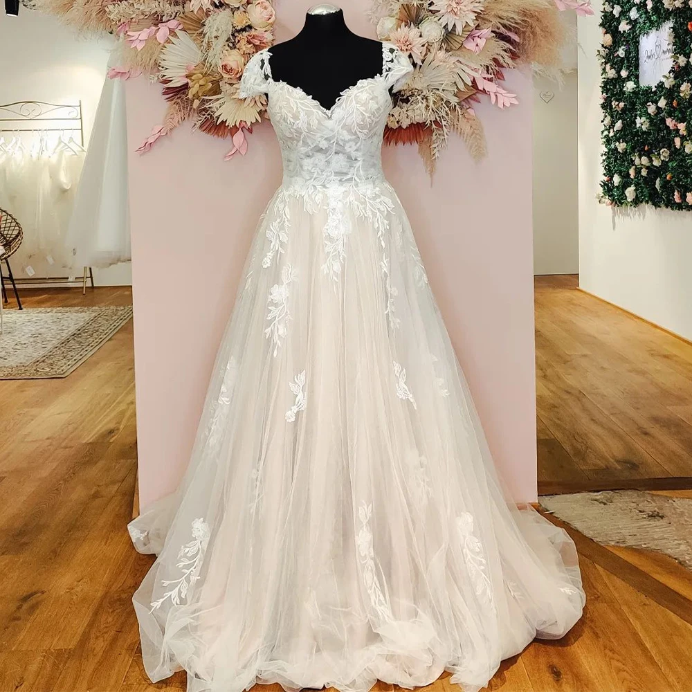 

Charming Short Cap Sleeves Sweetheart Lace Applique A Line Wedding Dresses Custom Made Birde Grown 2024 Rode De Morrie