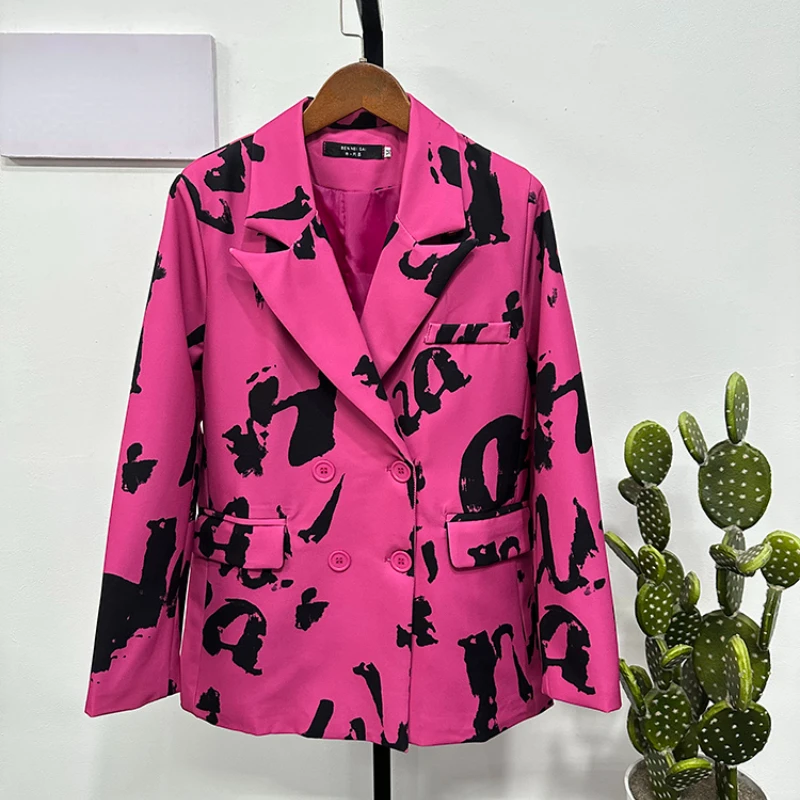 DAYIFUN Letter Printed Blazers Woman Notched Loose Long Sleeve Pink Suits Coats Streetwear Female 2024 Autumn Lady Jackets Tops