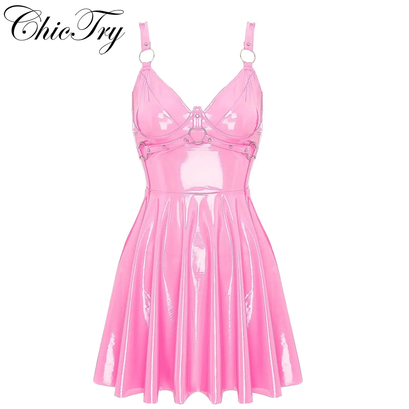 Mini Abito Da Donna A-Line Con Rivetti O-Ring Wetlook Abito In Lattice Antiscivolo In Pelle Verniciata Gothic Punk Clubwear Pole Dancing Costumes