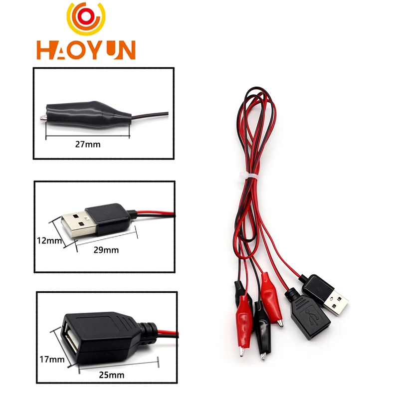 【1PCS】Alligator Test Clips Clamp to USB Male Female Connector Power Supply Adapter Wire 58cm Cable Red and Black