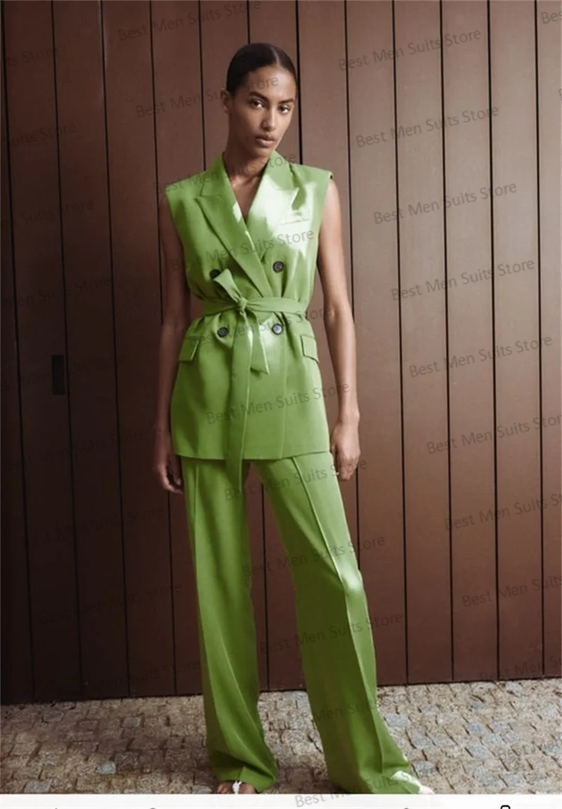 

Green Women Suits Set Vest With Belt+Pants 2 Pieces V Neck Double Breasted Summer Formal Casual OL Lady Prom Coat Custom Made
