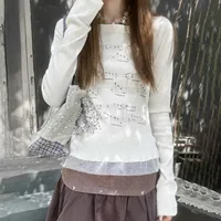 Women T-shirt Long Sleeve Boat Neck Music Note Print Patchwork Slim Fit Ladies Tops Streetwear - Image 2