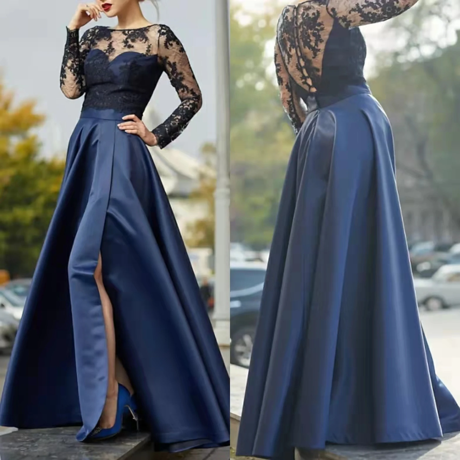 

Elegant A-Line Long Sleeve Satin Mother of the Bride Dresses With Pockets Pleated Lace Floor Length Evening Dress for Women