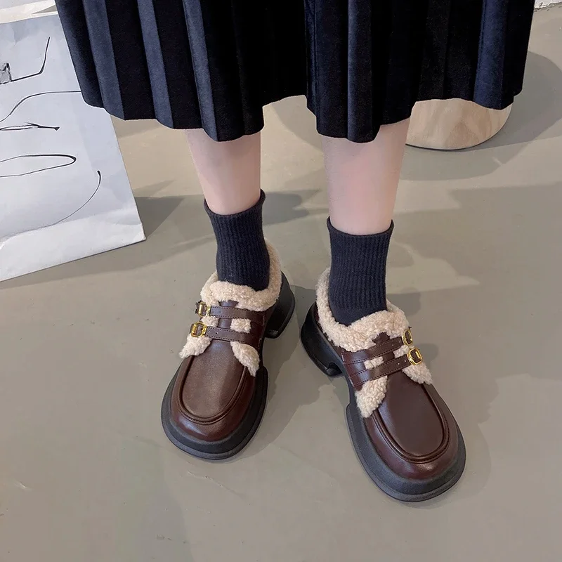 

Повседневная модная зимняя женская обувь BCEBYL с круглым носком и пряжкой, плюшевая теплая удобная и износостойкая однотонная обувь