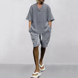 Elegant Fashion Harajuku Slim Fit Ropa Hombre Loose Casual Sport All Match Shorts Solid V Neck Short Sleeve Tees Two Piece Set