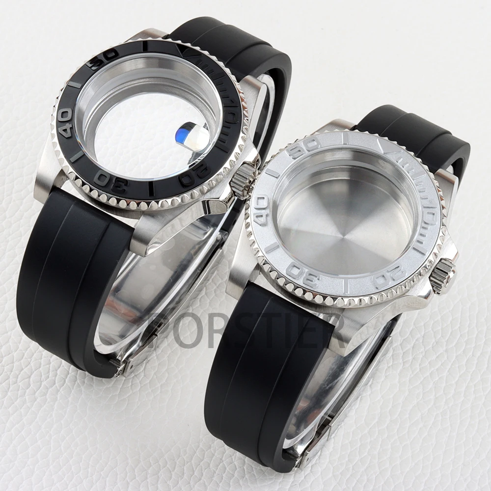 Stainless Steel 40mm Yacht Watch Case with Sapphire Glass & Rubber Strap - 100m Waterproof