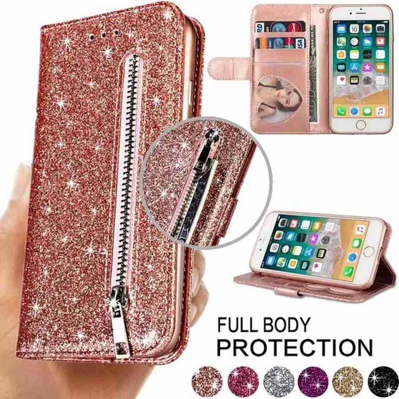 Fashion Glitter Leather Wallet Card Slot Flip Case Cover Per Iphone 15 Pro Max 14 13 Mini 12 11 Se 2022 X Xs Xr 8 7 6 6S Plus