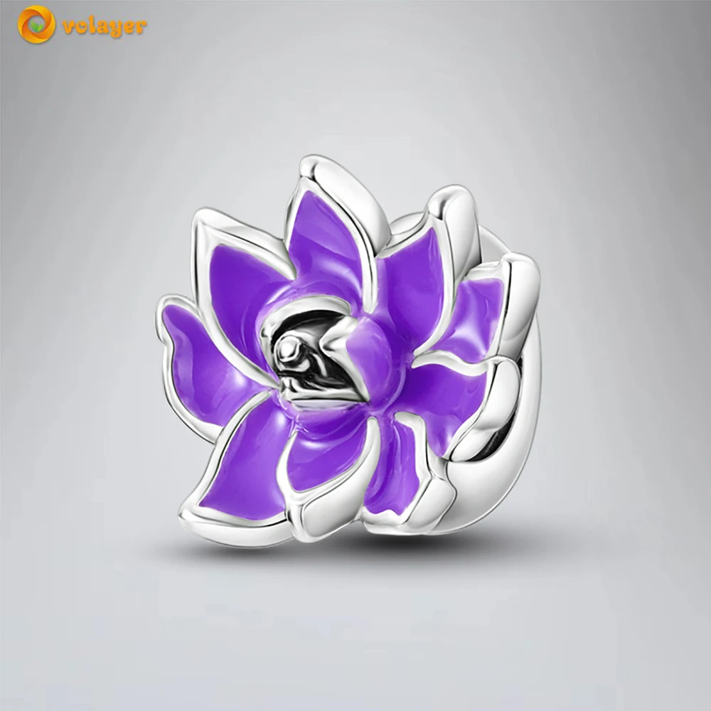 

Volayer 925 Sterling Silver Bead Purple Lotus Charm fit Original Pandora Bracelets for Women DIY Jewelry Free Shipping