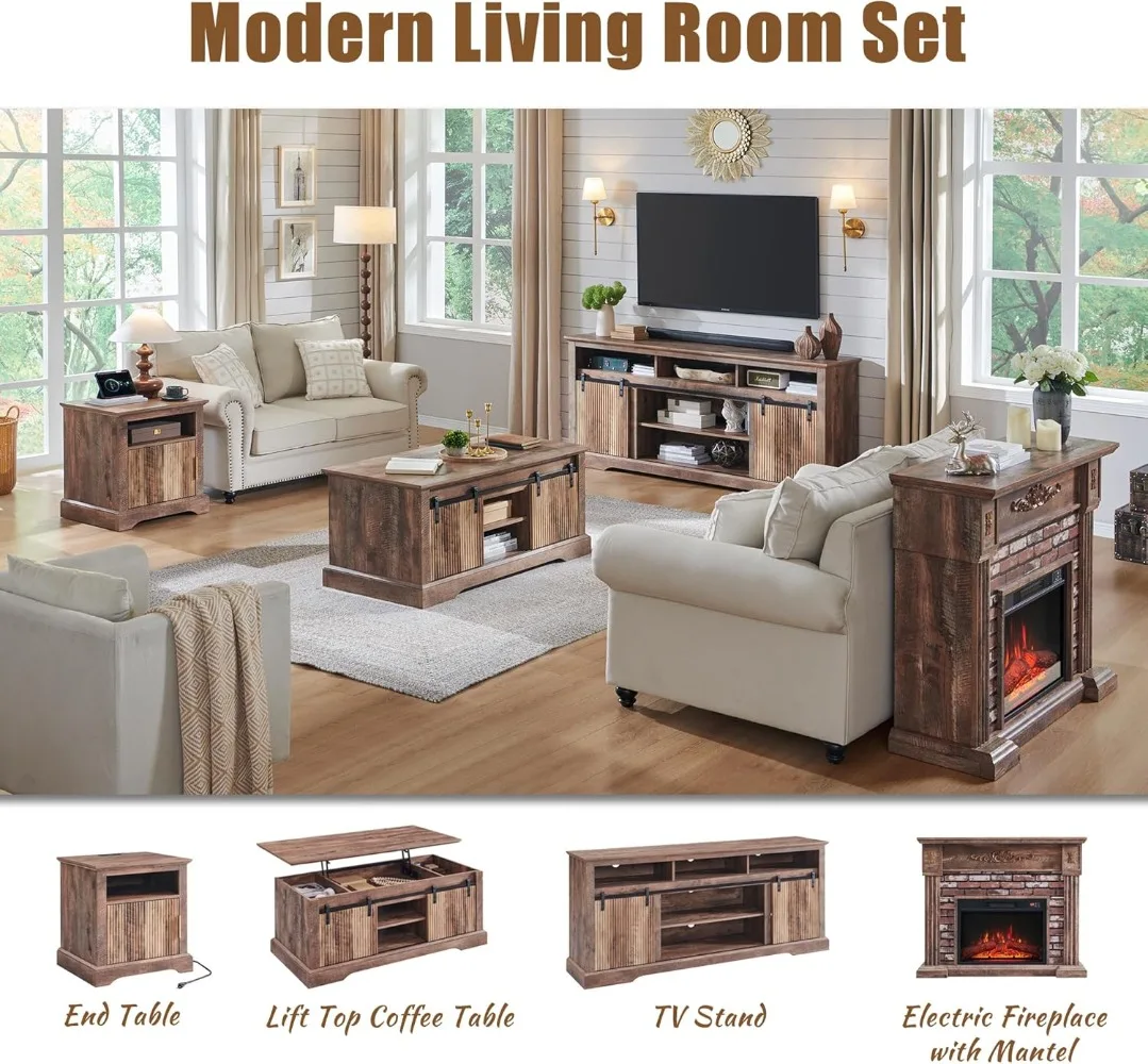 43" Electric Fireplace with Mantel, Electric Fireplace Heater,TV Stand w/Freestanding Electric Fireplace, Stacked Stone Surround 4