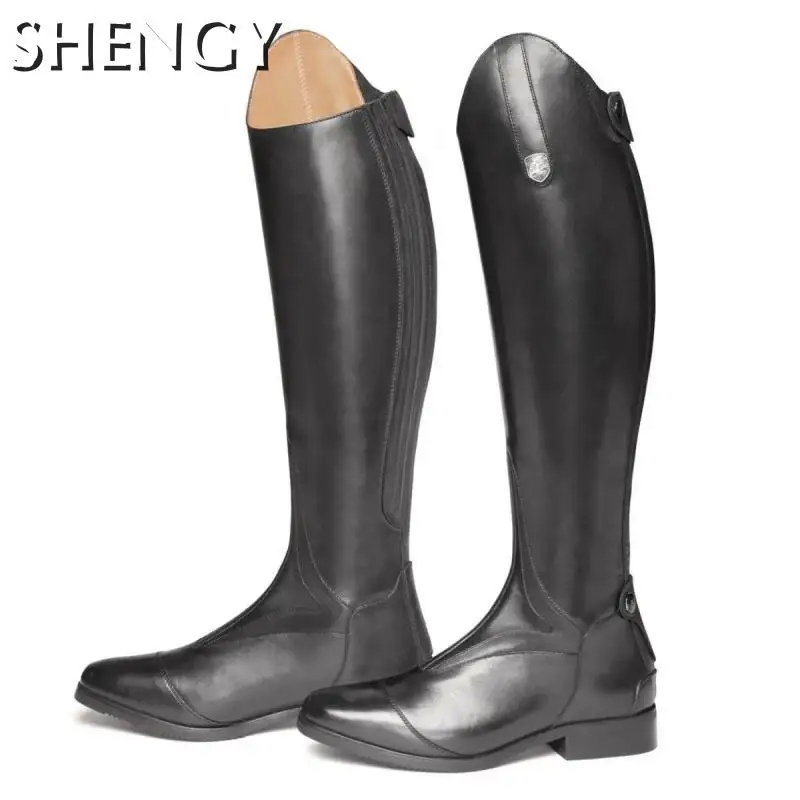 Botas de couro de joelho para mulheres, bota reta, cavaleiro, equitação, cavaleiro equestre, moda feminina, sapatos de inverno com zíper