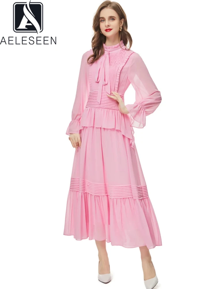 

AELESEEN Runway Fashion Long Dress Women Spring Summer Turtleneck Ruffles Patchwork Bow Pleated Flare Sleeve Pink Elegant Party